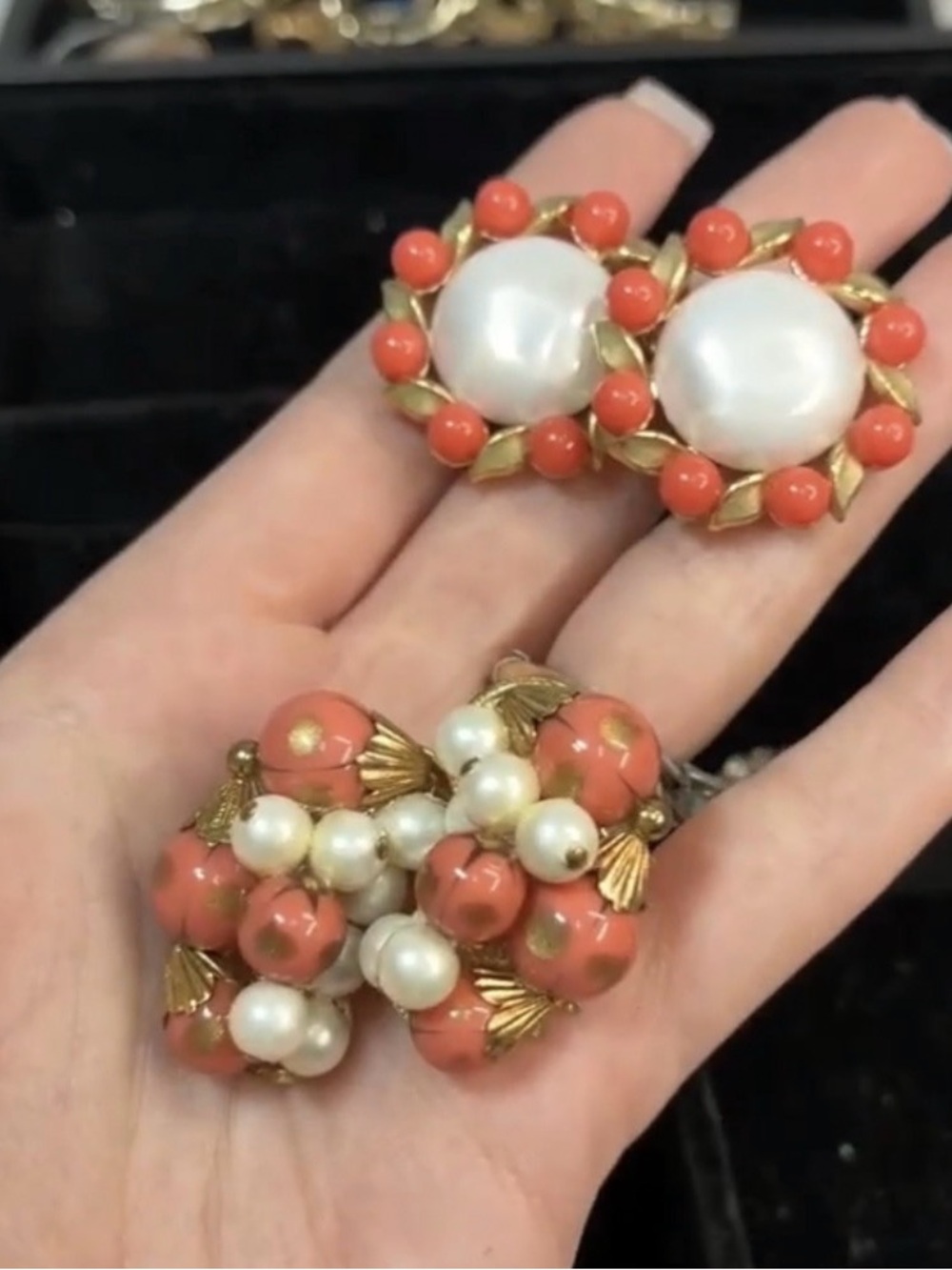 Gold-Tone Coral and Pearl Cluster Earrings